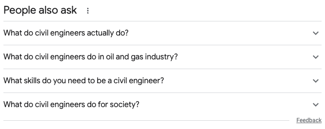 Questions asked by people searching for Civil Engineer Jobs using Google's search engine