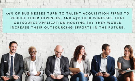 Group of people sitting against white background, text above reads "59% of businesses turn to talent acquisition firms to reduce their expenses, and 65% of businesses that outsource application hosting say they would increase their outsourcing efforts in the future."