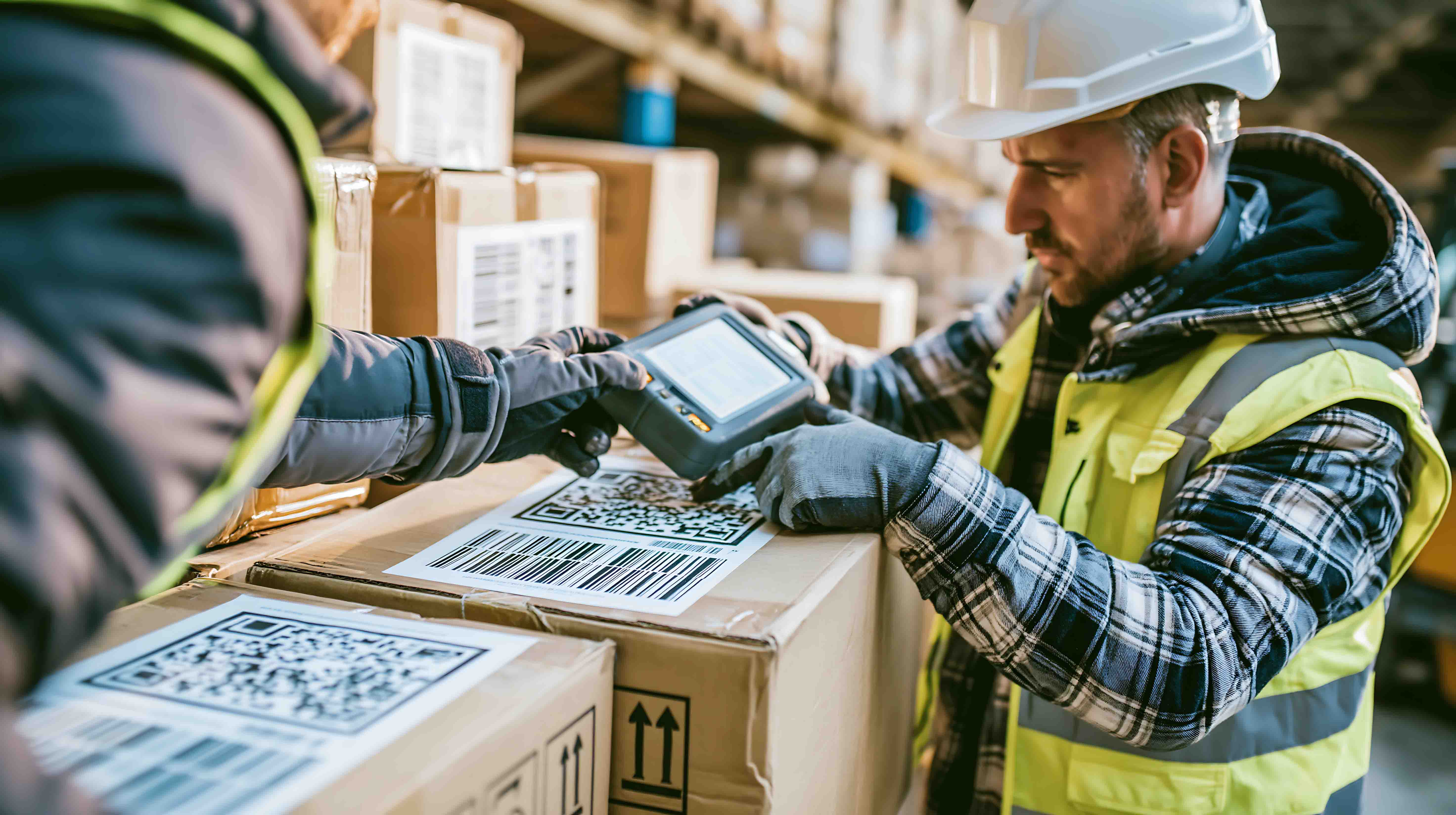 Warehouse workers in hard hats and safety vests scanning a barcode label on a shipping box